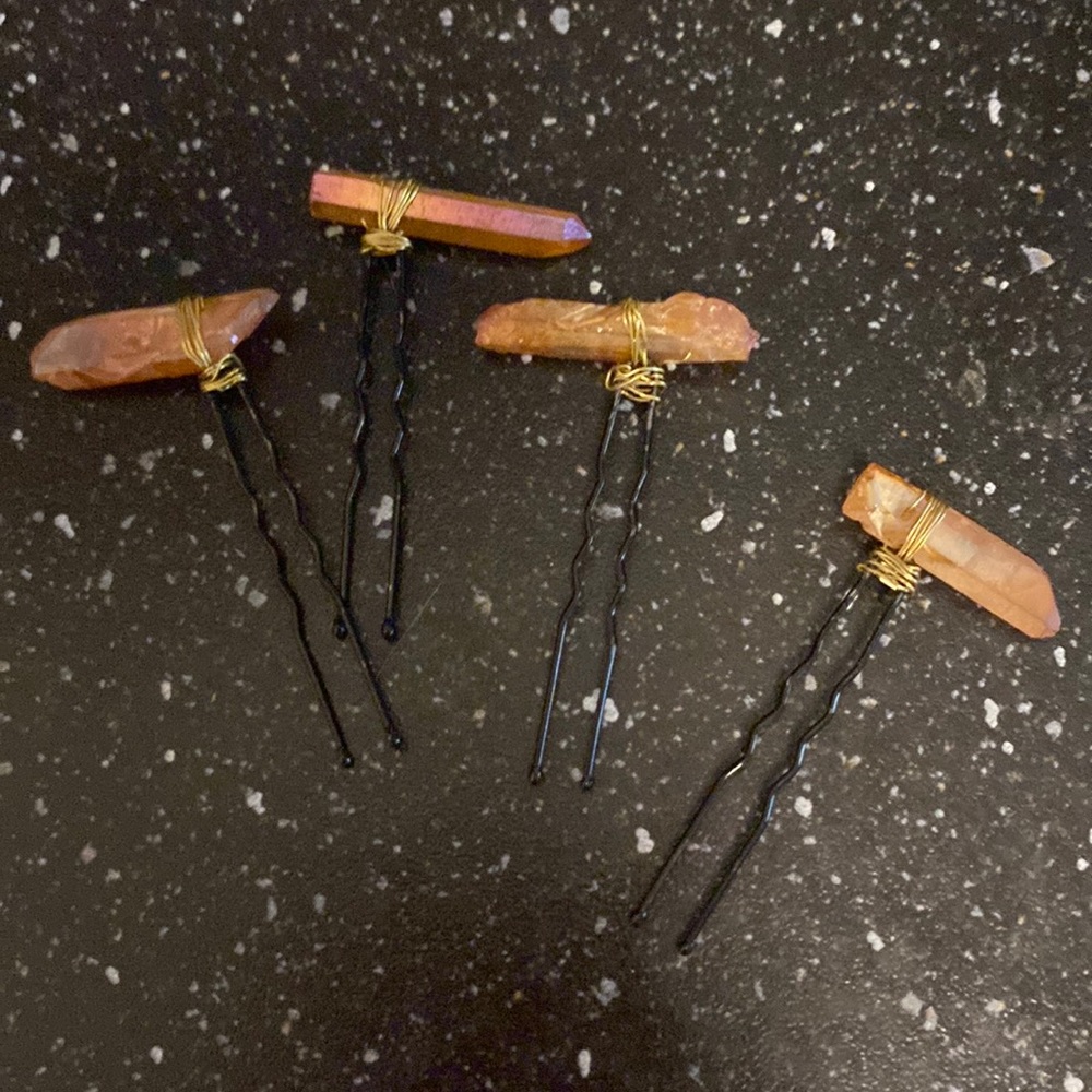 4 Handmade Goldtone Wire Wrapped Black Hairpins w Peach Crystals for Hairpins